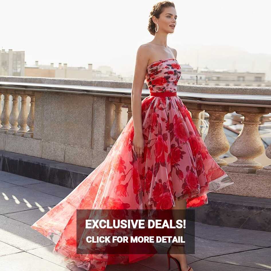 Floral Print Prom Party Dress Strapless A Line Short Front Long ...