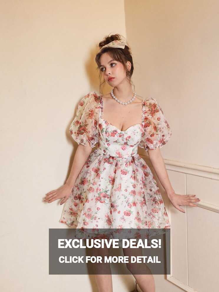 Floral Print Puff Sleeve Organza Dress