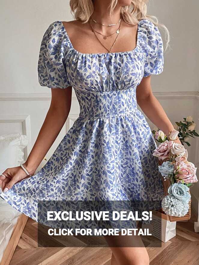 Floral Print Ruched Bust Tie Back Puff Sleeve Dress