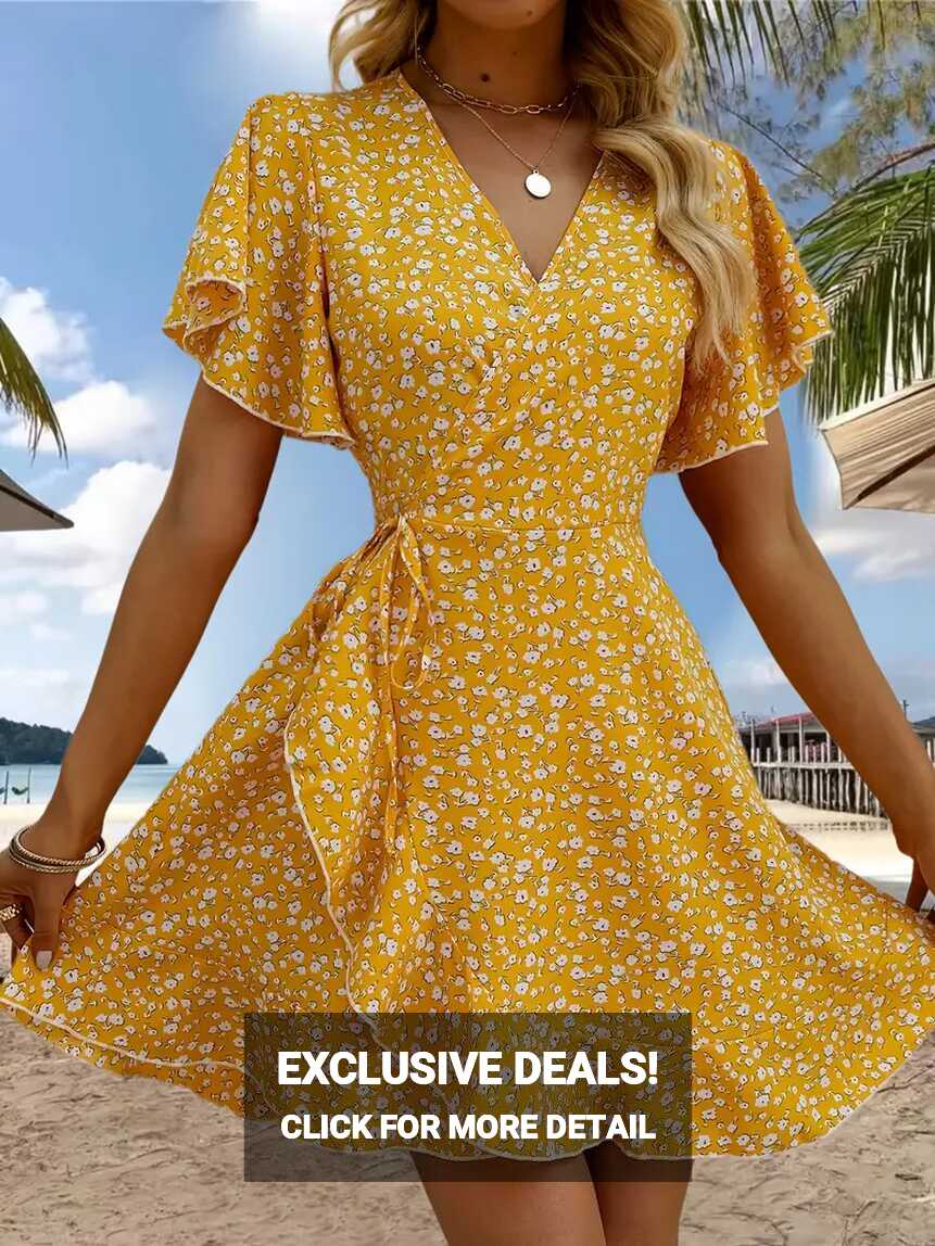 Floral Print Ruffle Hem Wrap Dress Sexy Short Sleeve V neck - Temu ...