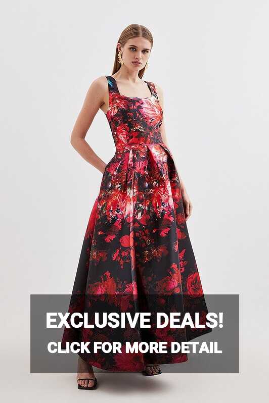 Floral Print Satin Twill Woven Strappy Maxi Prom Dress | Karen Millen