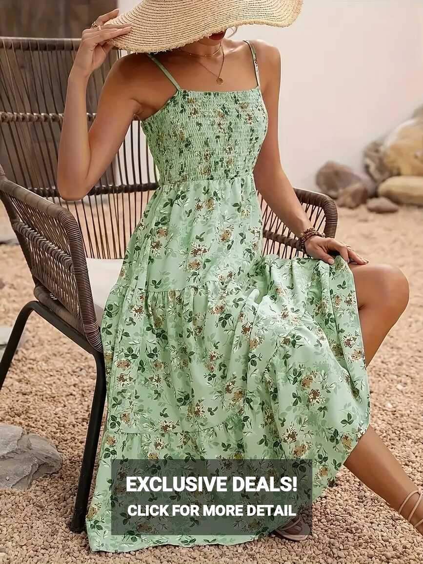 Floral Print Shirred Dress Vacation Spaghetti Strap Summer - Temu ...