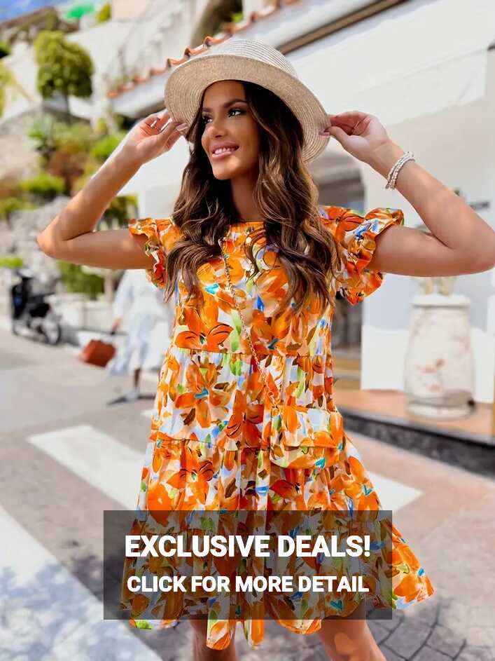 Floral Print Short Sleeve Dress Vacation Crew Neck Casual - Temu