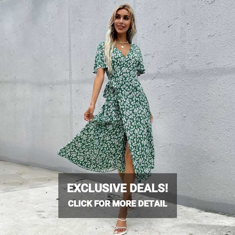 Floral Print Short Sleeve Summer Wrap Dress for Women Mid Calf ...