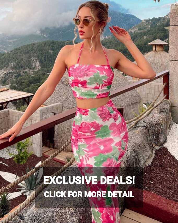 Floral Print Sleeveless High Waist Crop + Skirt Two Piece Set ...