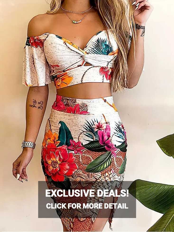 Floral Print Two piece Skirt Set Crop Sweetheart Neck Top - Temu ...