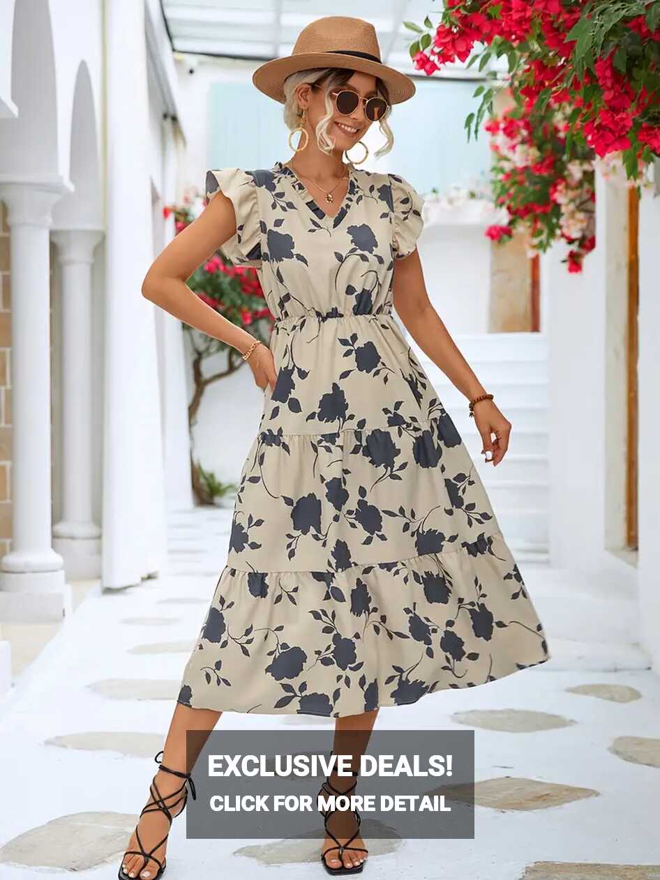 Floral Print V Neck Dress Short Sleeve Casual Dress Summer - Temu