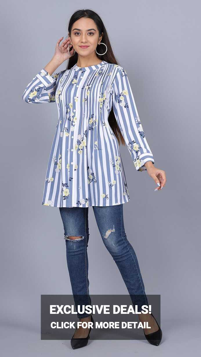 Floral Print With Stripes Long Top - ALOFI - Women Designer Dresses