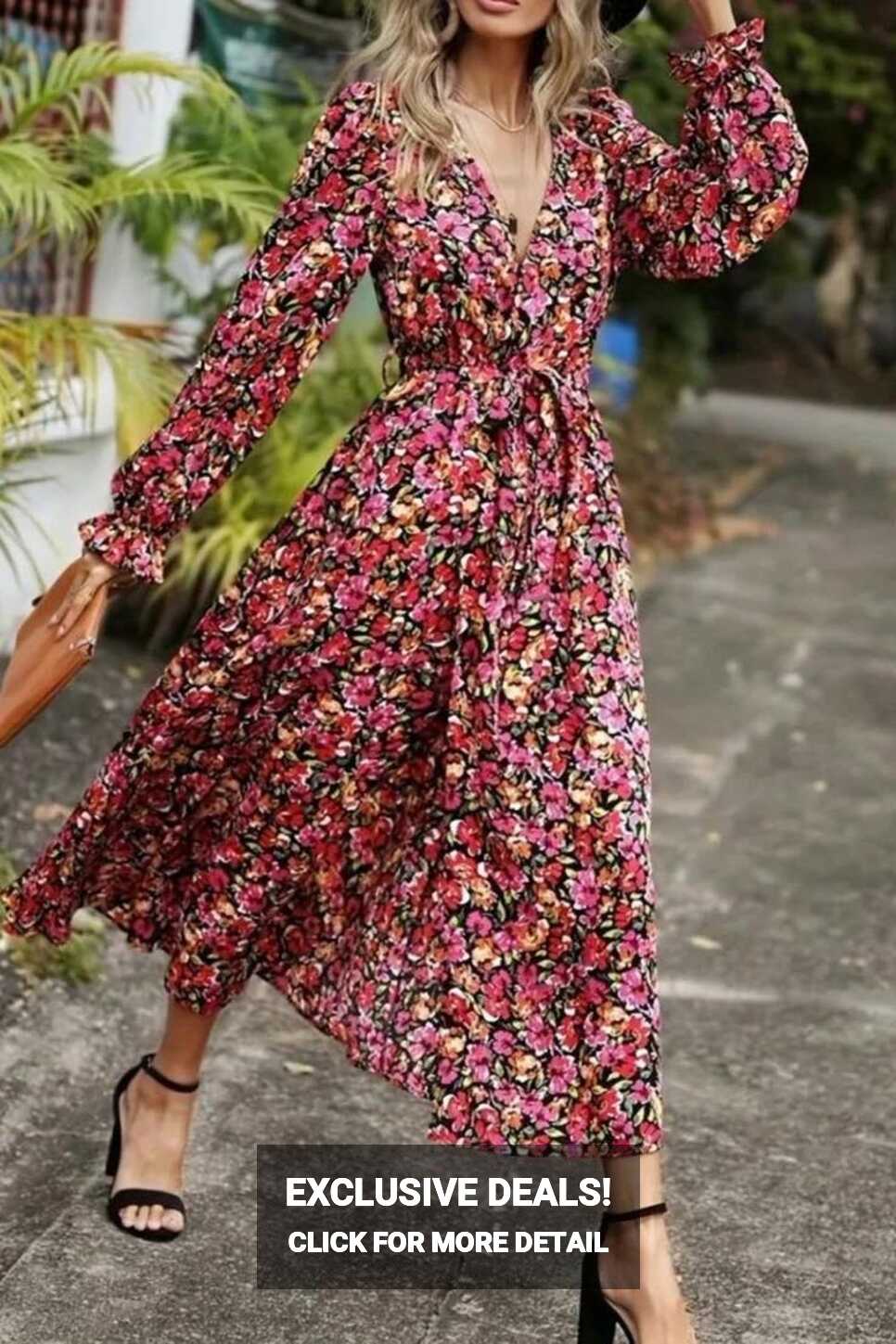 Floral Print Wrap Dress, Boho V Neck Long Sleeve Maxi Dress