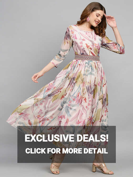 Floral Printed &amp; Hand Embroidered Flared Maxi Dress with Belt ...