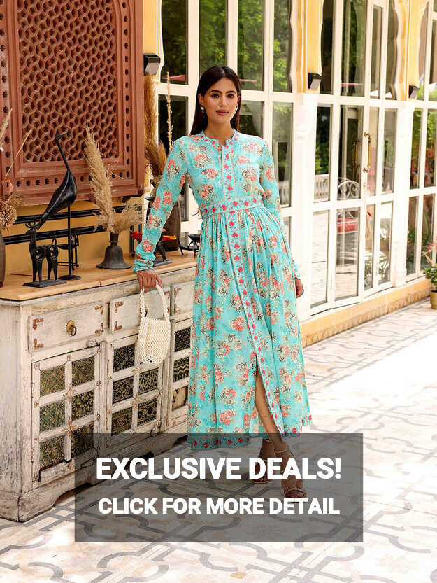 Floral Printed Resham &amp; Zari Embroidered Mul-Cotton Maxi Dress ...