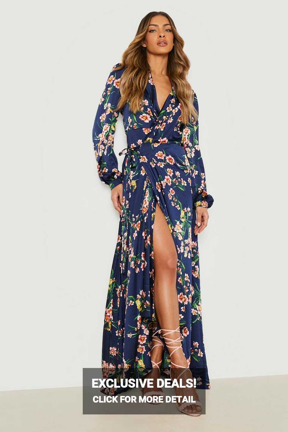 Floral Ruffle Satin Wrap Maxi Dress | boohoo FI