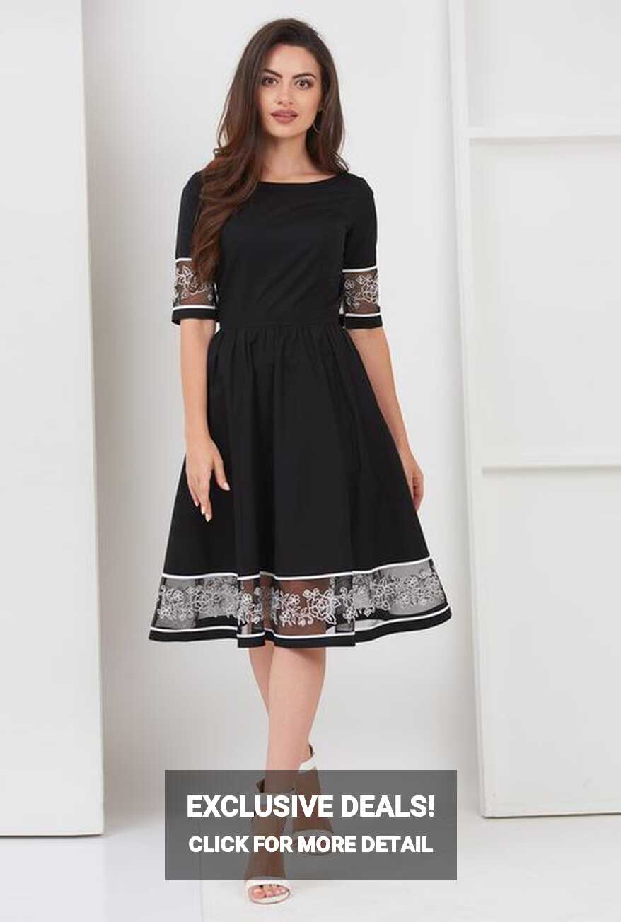 Floral embellished tulle trim cotton poplin dress