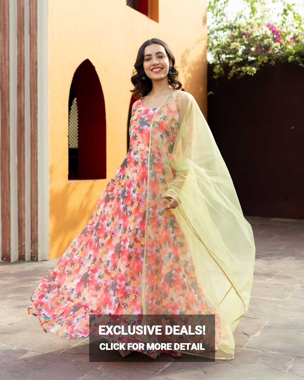 Floral print sleeveless Georgette Dress with net dupatta – The ...