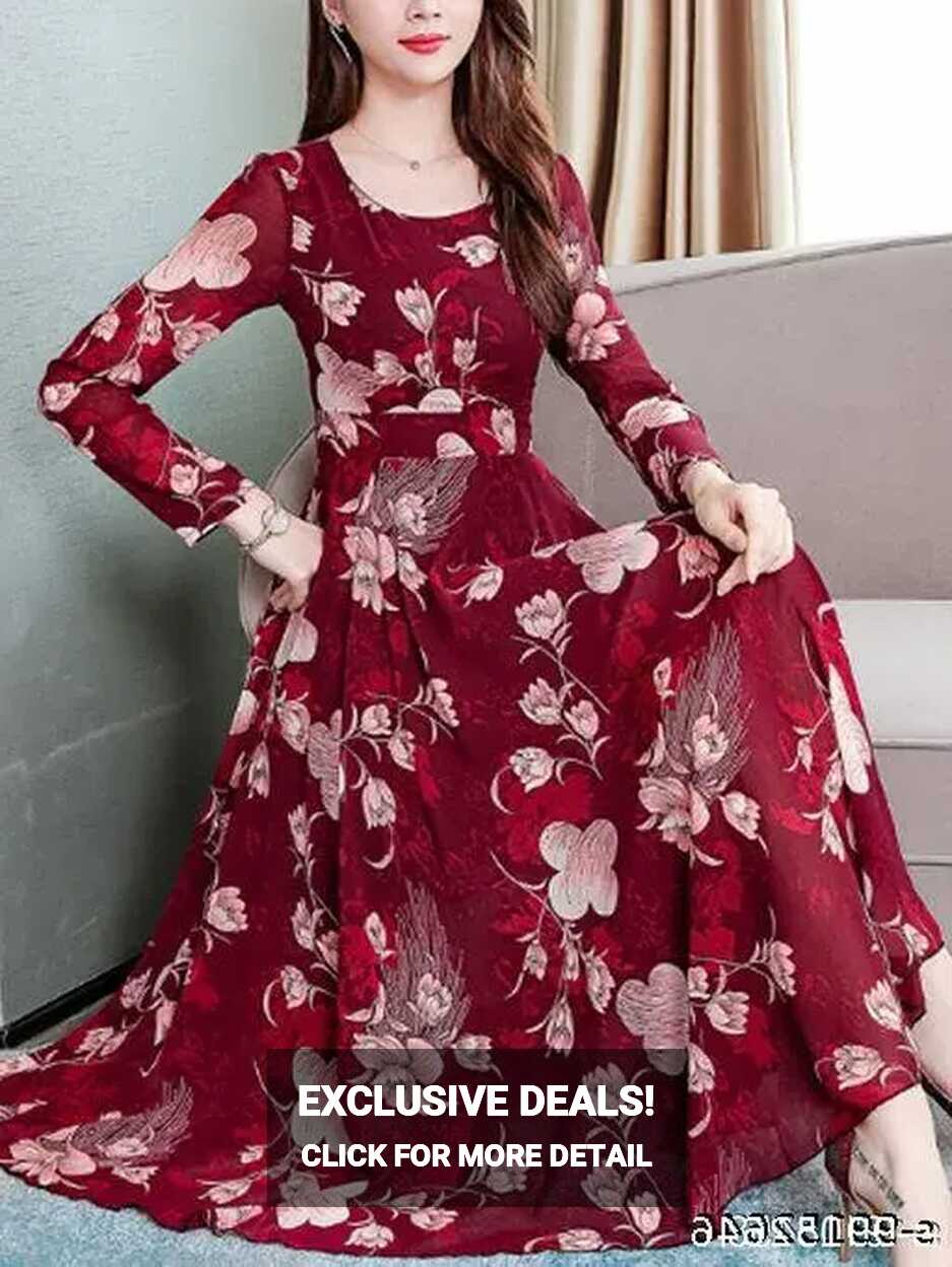 Floral printed frock Stylist Elegant Casual maxi long flared ...