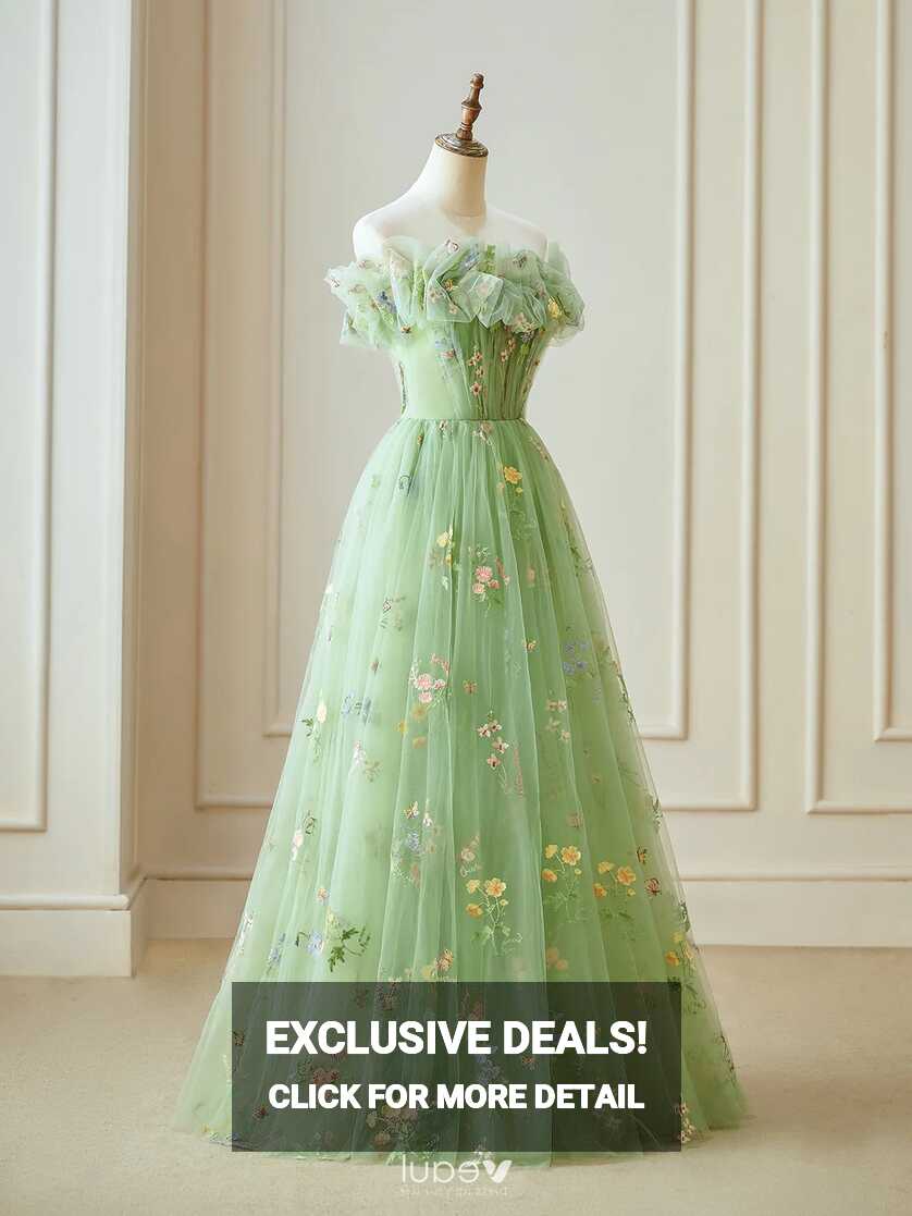 Flower Fairy Floral Sage Green Prom Dresses 2024 Ruffle Lace Floor ...