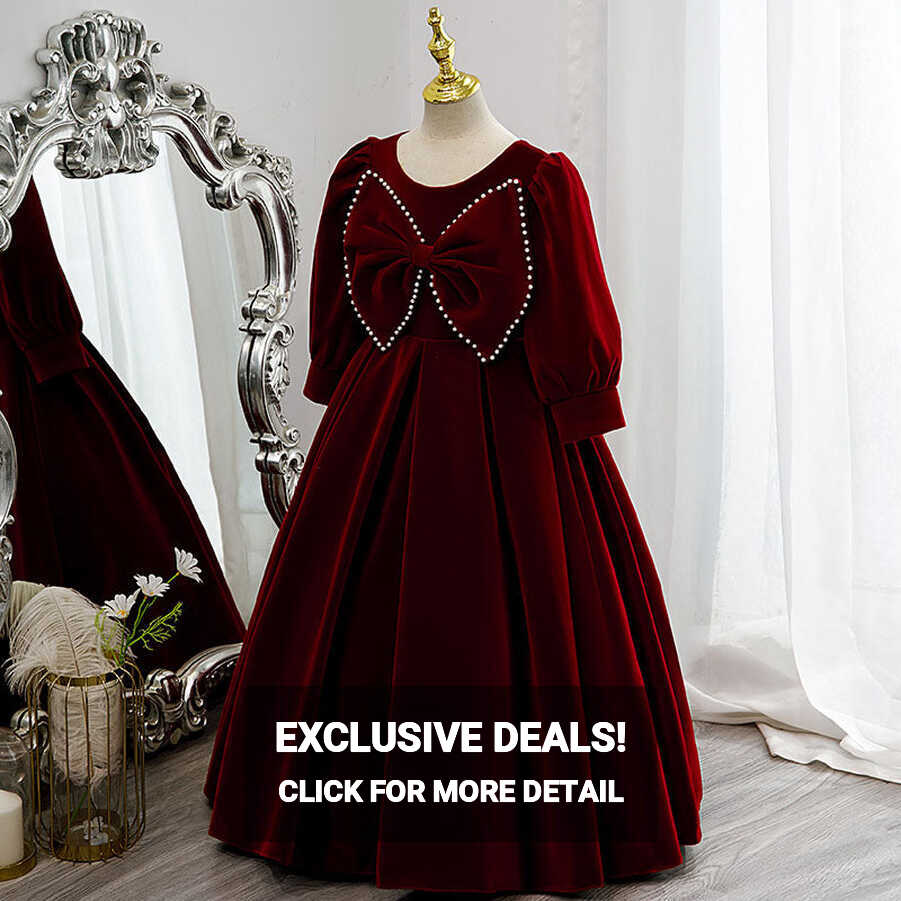 Flower Girl Dress Children Communion Elegant Red Velvet Bow Knot ...