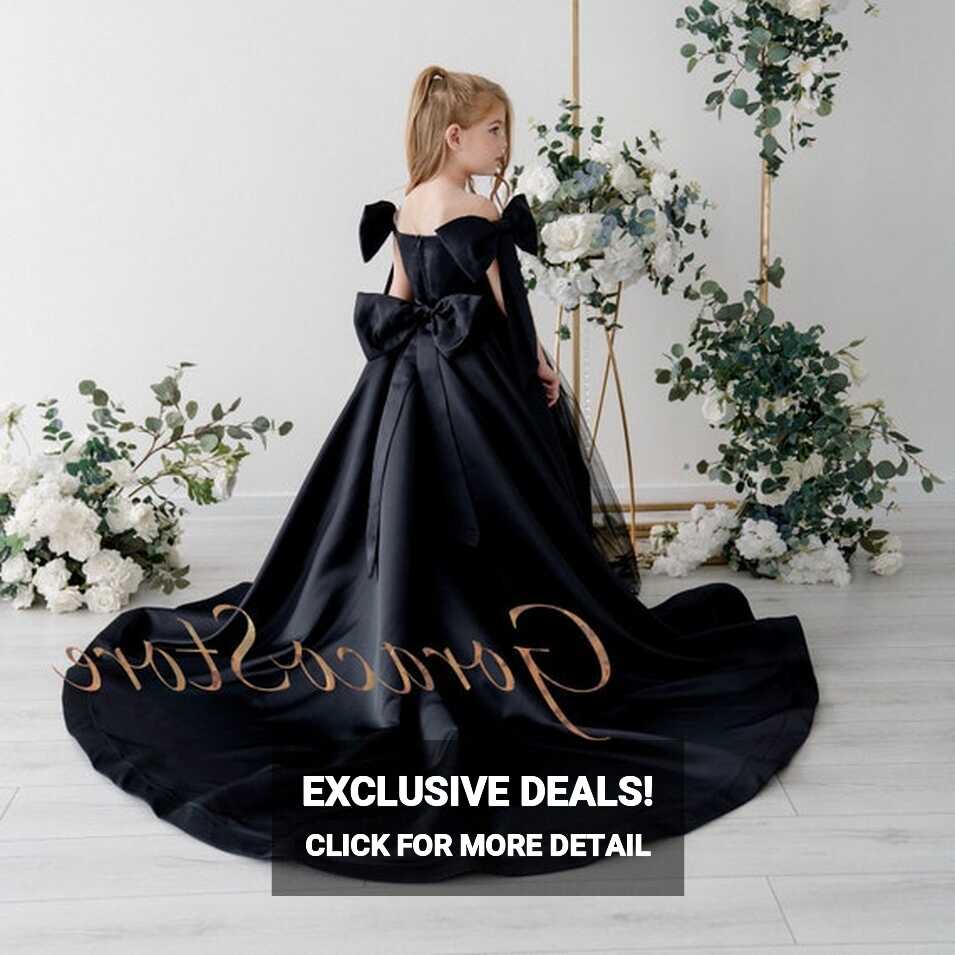 Flower Girl Dress Long Train, Flower Girl Dress With Black Bow ...