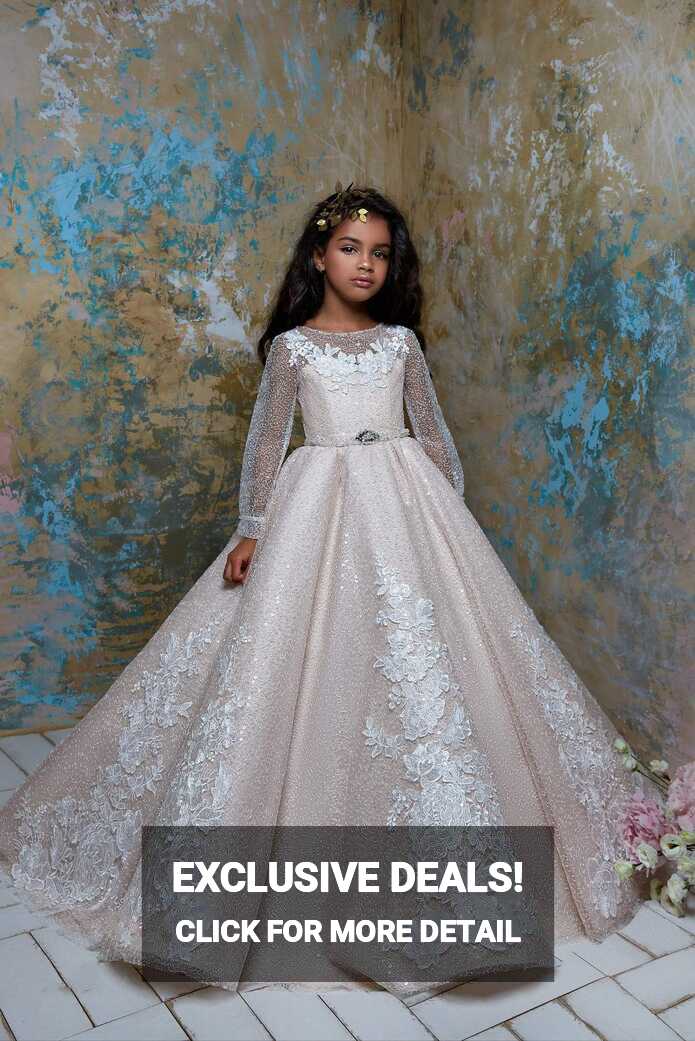 Flower Girl Sparkly Long Sleeve Beaded Tulle Princess Ball Gown ...