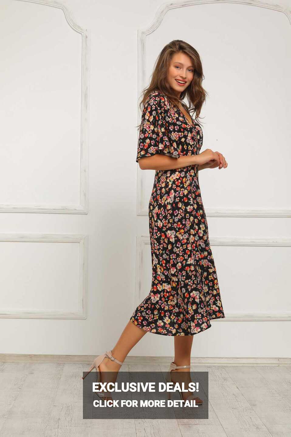 Flower Print V Neck Midi Dress - Black HS287 - happysoul