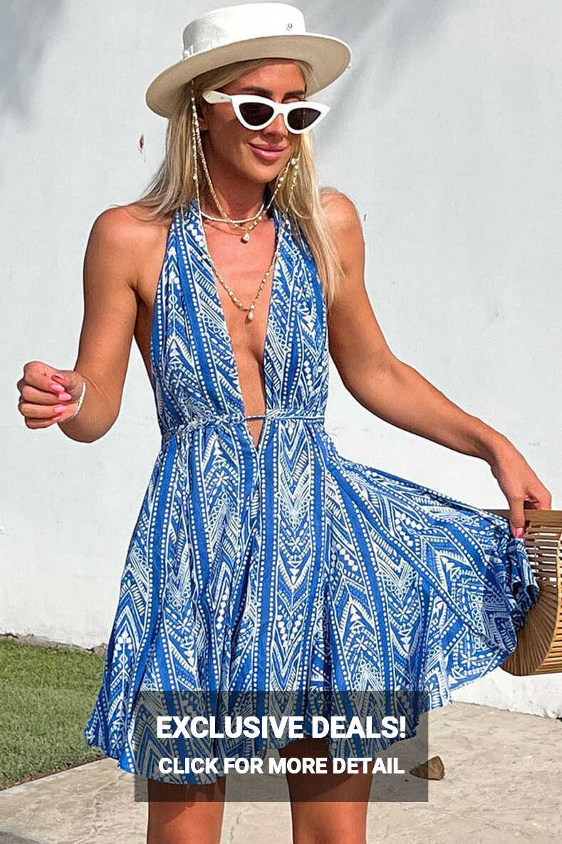 Flowy Deep V Halter Backless Ethnic Print Beach Vacation Mini ...