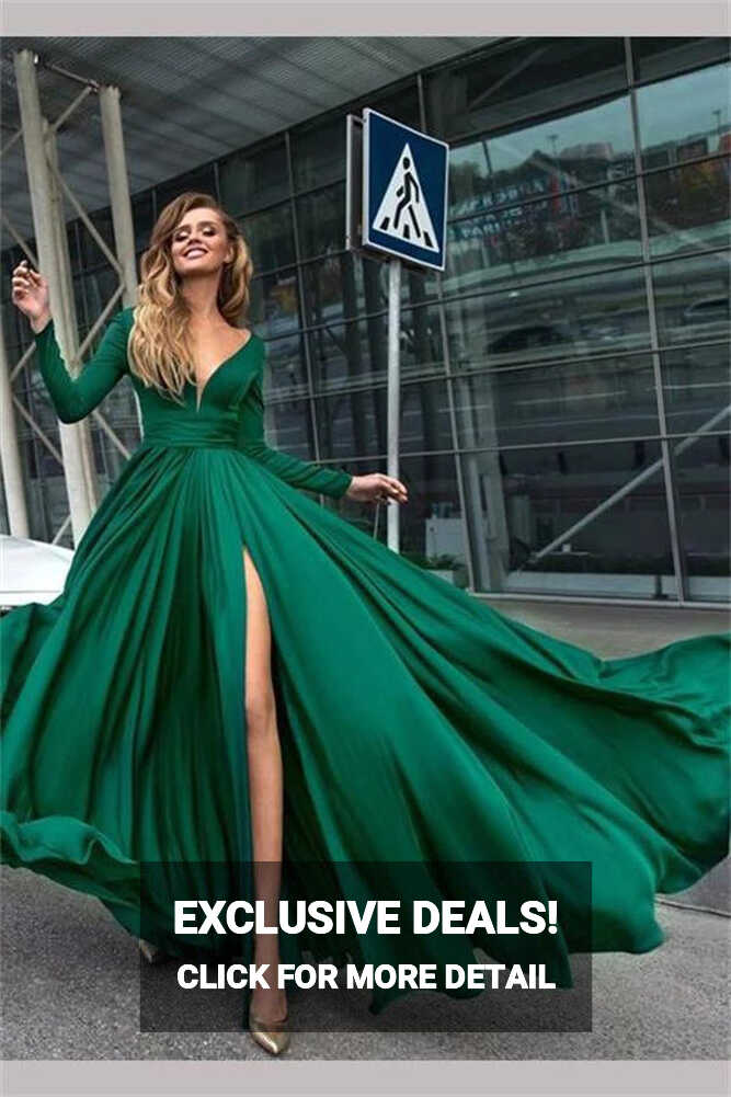 Flowy Long Sleeve V Neck Chiffon Long Formal Dresses with High ...