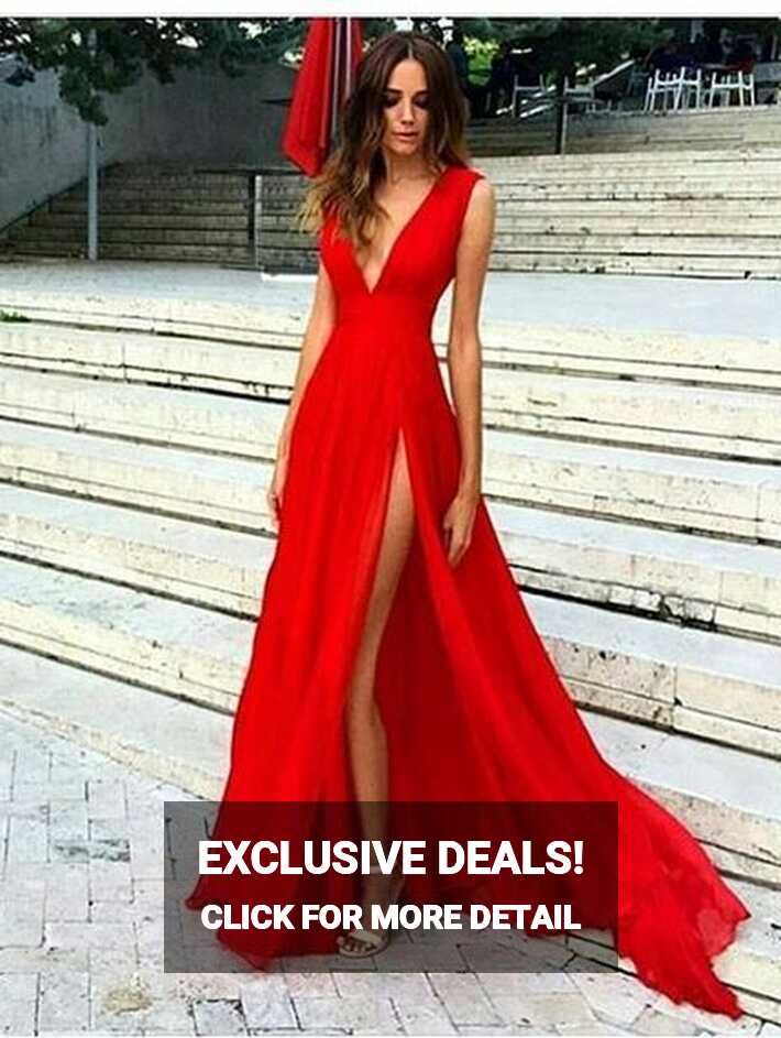 Flowy Red Sexy Prom Dress with Plunge V neck | Long Evening ...