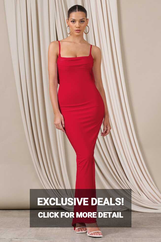 Flute Red Bodycon Maxi Dress With Ruched Ruffled Back – Club L ...