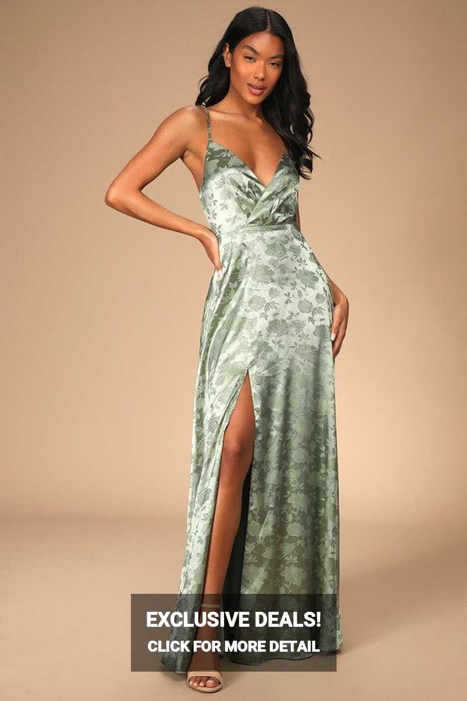 Forever Exquisite Sage Green Satin Surplice Maxi Dress | Green ...