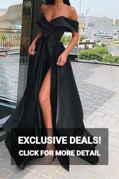 Formal Floor Length Off A-line Black Graduation Shoulder Evening Dress