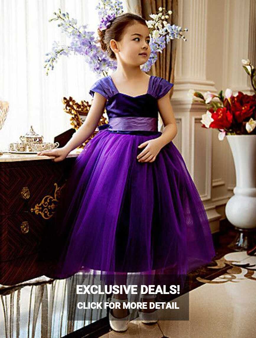 Formal Purple Flower Girl Dresses Tea Length Tulle Ball Gown Kids ...