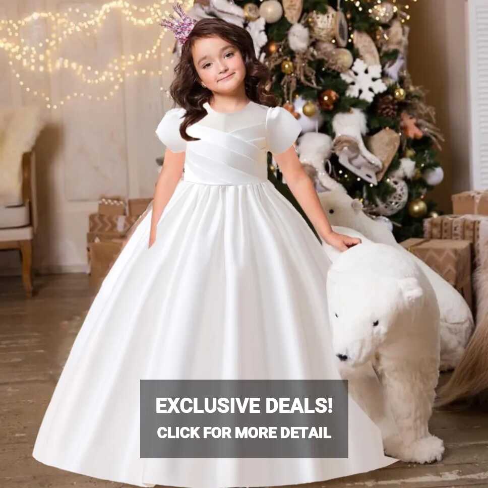 Formal Satin White Bridesmaid Princess Girl Dress Short Sleeve ...