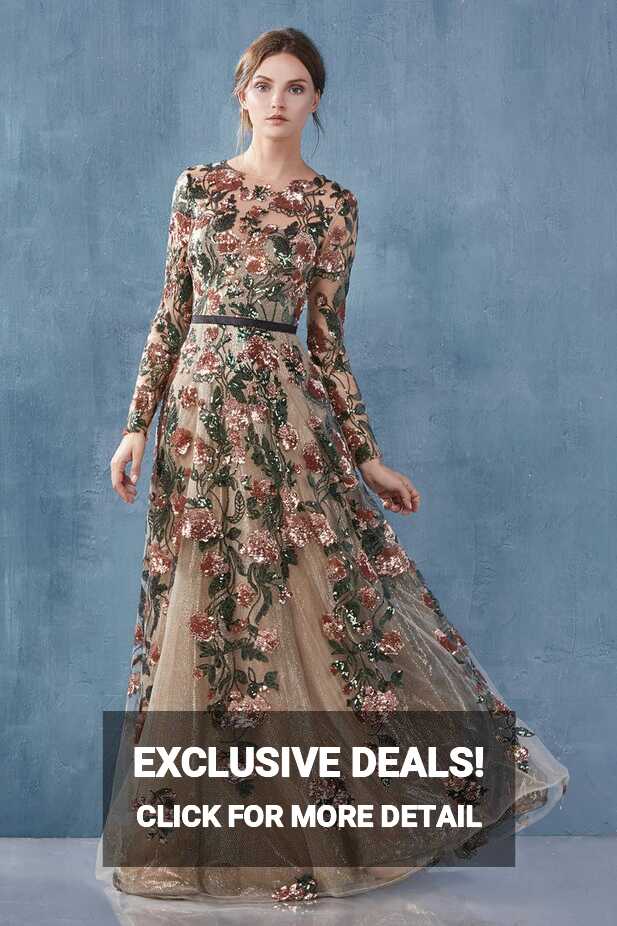 French Novelty: Andrea and Leo A0926 Long Sleeve Floral Sequin Gown