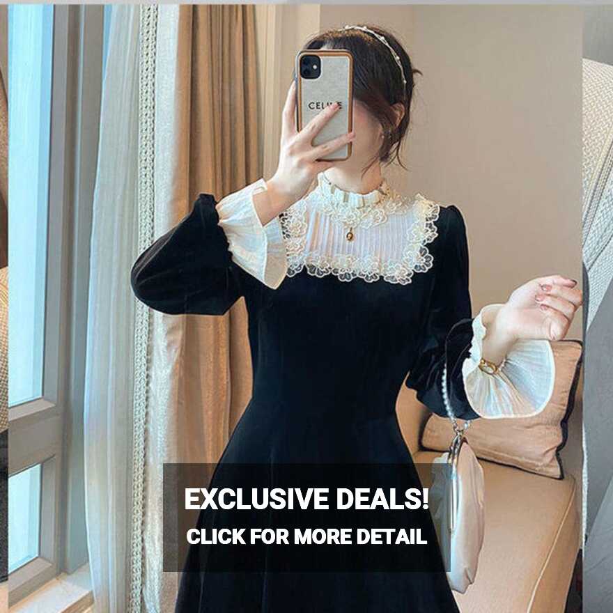 French Retro Black Midi Dress Women Elegant One Piece Dress Korean ...