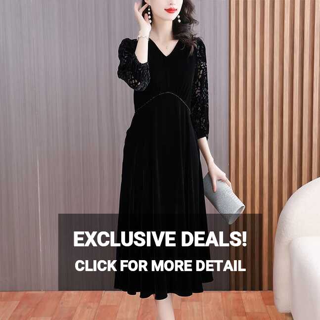 French Vintage Black Velvet Dress Women&#39;s Autumn Versatile Lace ...