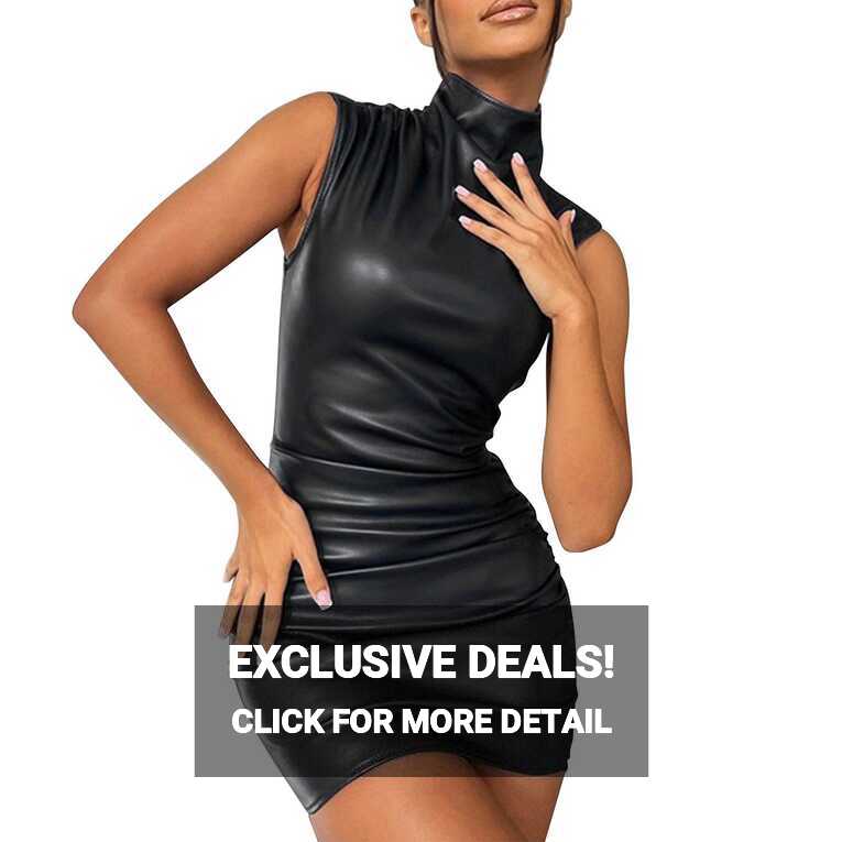 Fsqjgq PU Leather Sleeveless Black Dresses for Women Turtleneck ...