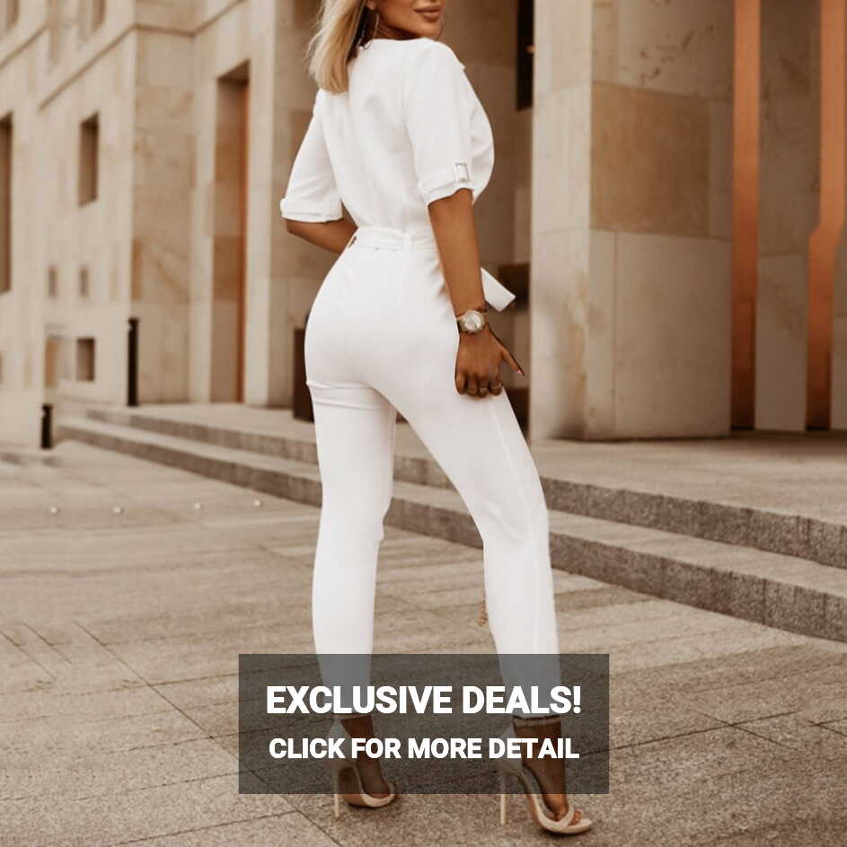 Fsqjgq White Jumpsuit for Women Elegant Party Short Sleeve V Neck ...