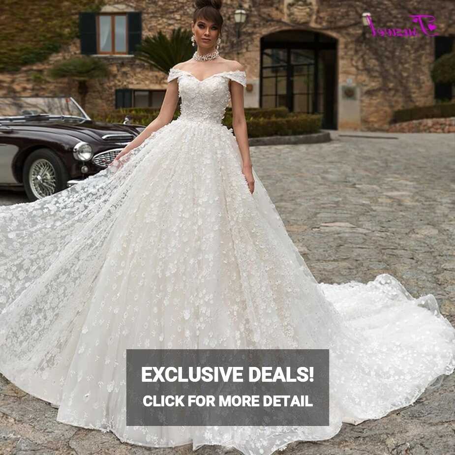 Fsuzwel Romantic Boat Neck Lace Chapel Train A-Line Wedding ...