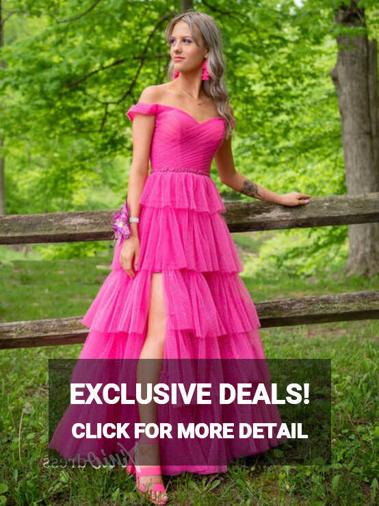 Fuchsia Layered Ruffle Prom Dresses With Slit Off the Shoulder ...