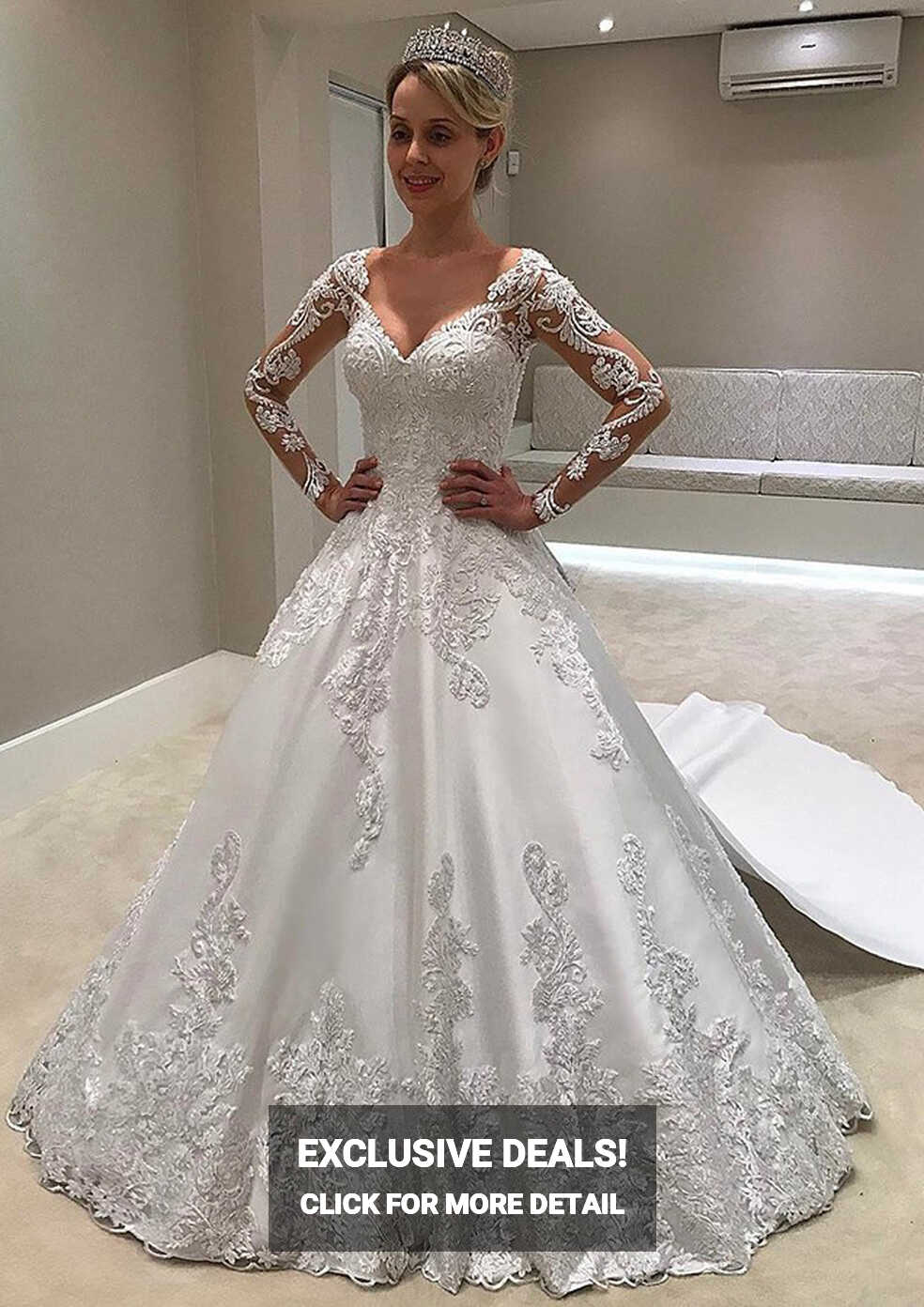 Full/Long Sleeve V Neck Chapel Train Ball Gown Satin Wedding Dress ...