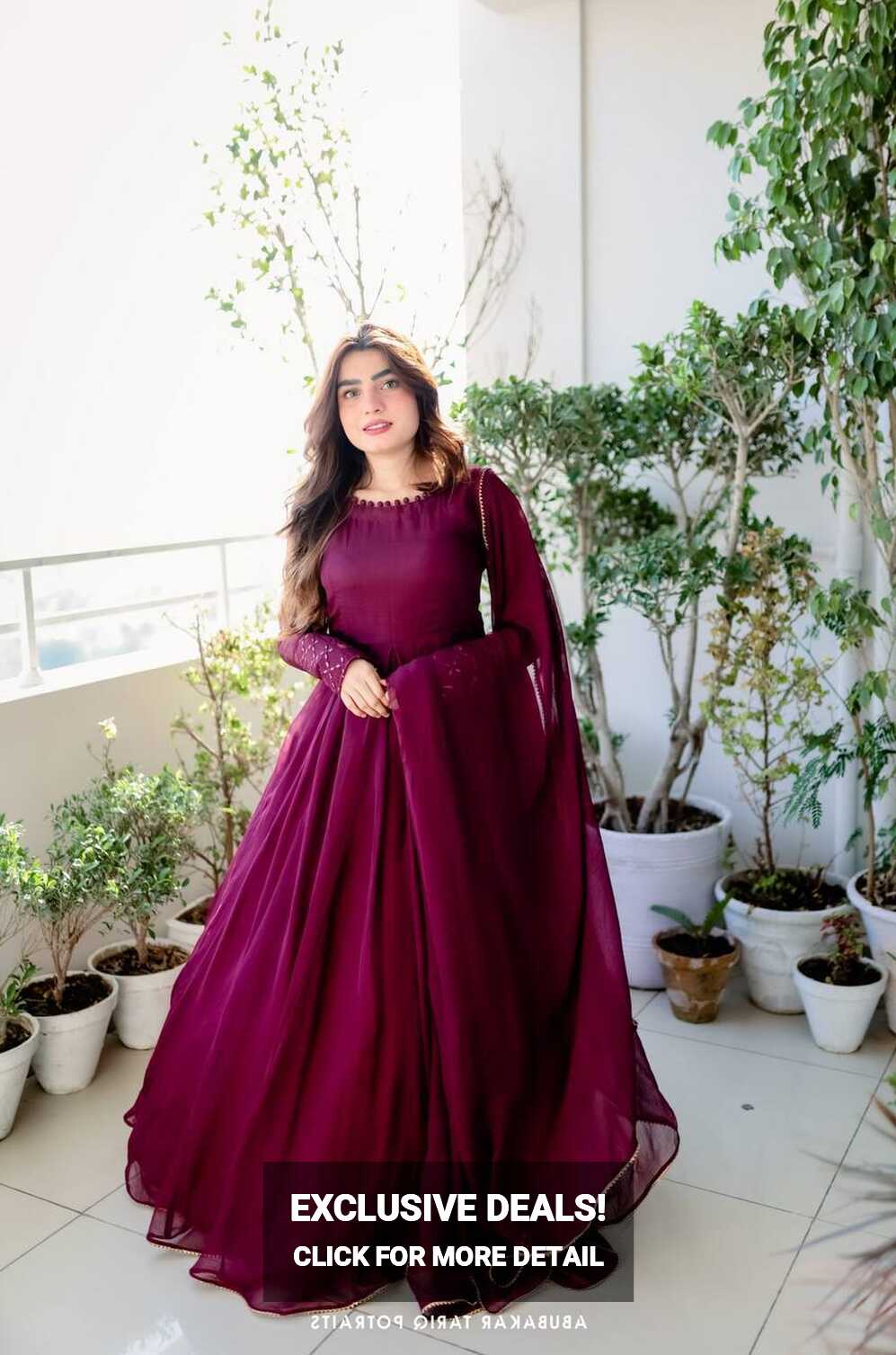 Full Sleeve With Potli Button Wine Color Gown - Clothsvilla