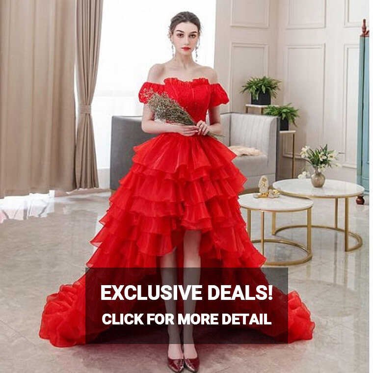 G340, Luxury Red Short Front Long Back Trail Ball Gown, Size (All ...