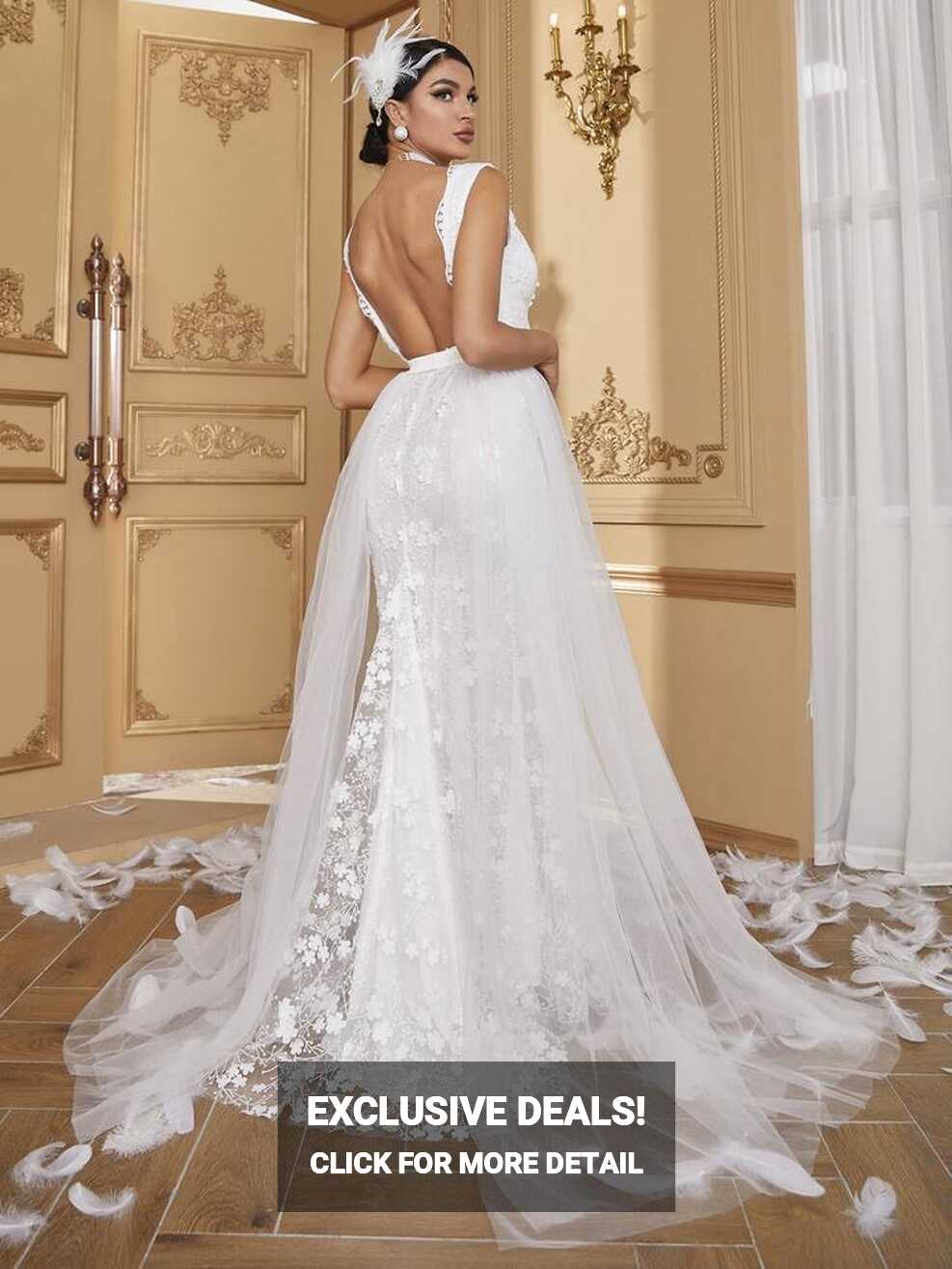 Giffniseti Contrast Mesh Lace Trim Floor Length Wedding Dress | SHEIN