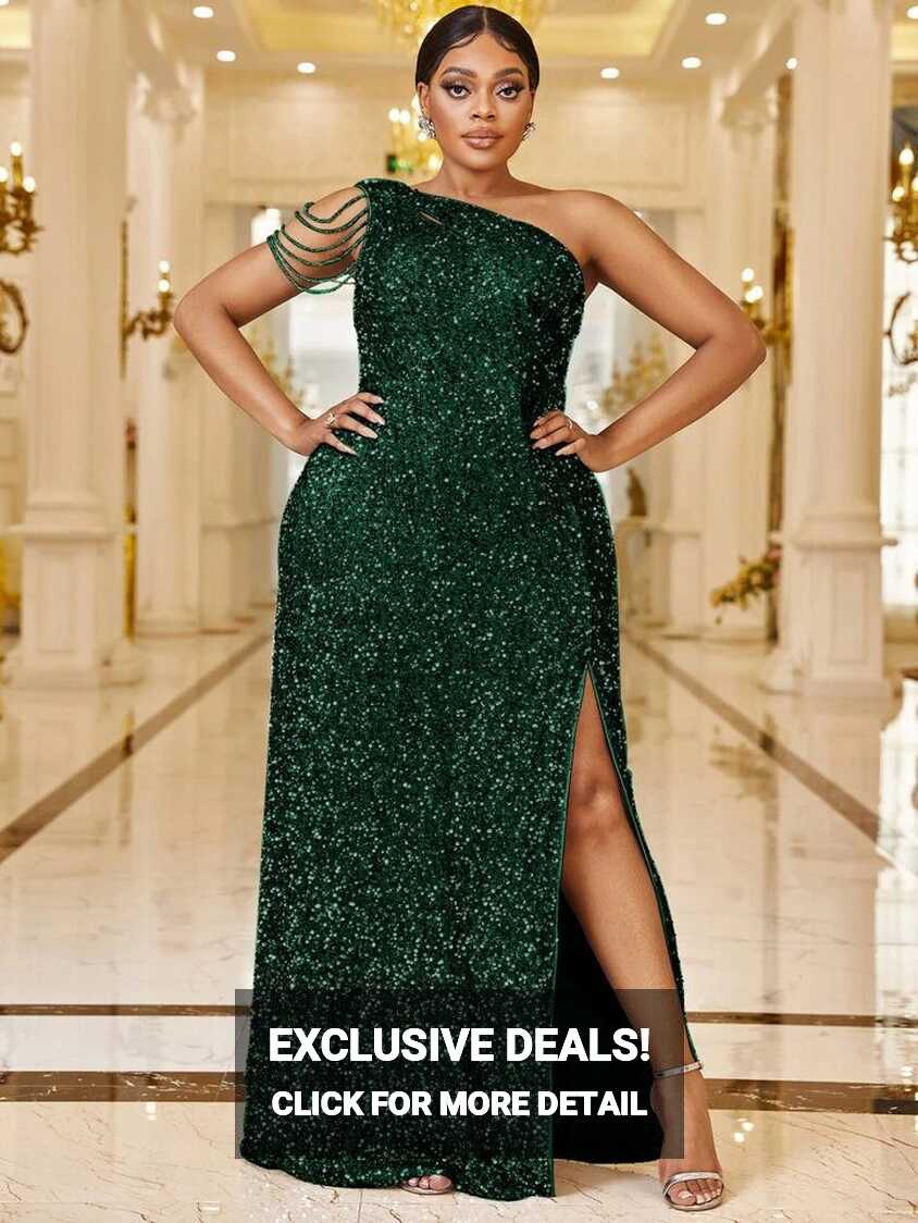 Giffniseti Plus One Shoulder Split Thigh Sequin Formal Dress ...