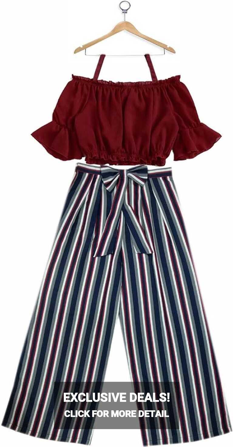 Girl&#39;s Designer Fusion Wear Crop Top and Striped Plazo Set | Red ...