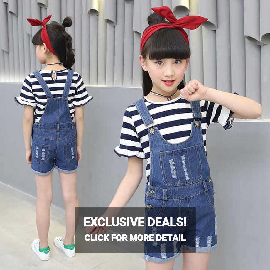 Girls&#39; Middle and Big Children Denim Brace Shorts Summer New ...