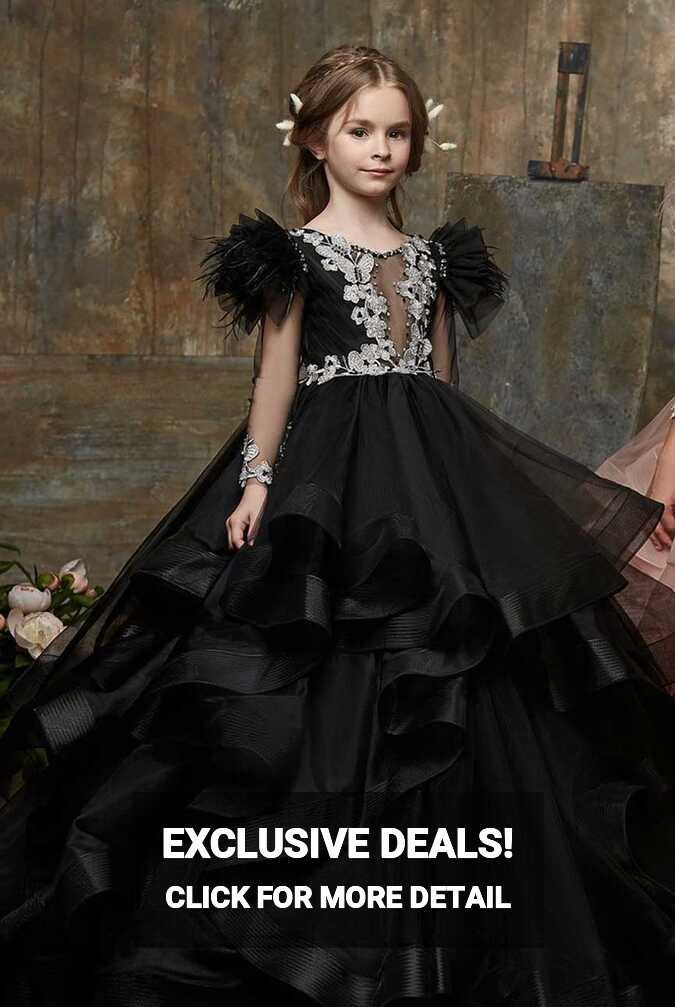 Girls Black Asymmetrical Waterfall Ruffle Gown Dress – Mia Bambina ...