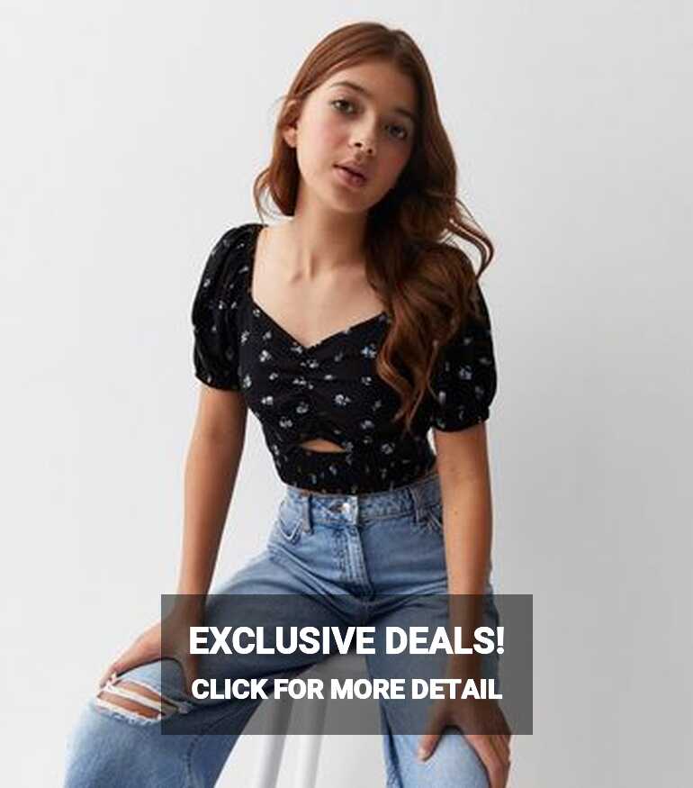 Girls Black Ditsy Print Puff Sleeve Crop Top | New Look