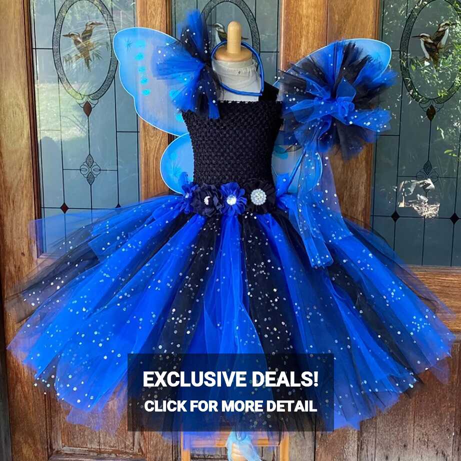 Girls Blue Black Glitter Tutu Dress Kids Flower Fairy Dresses With ...