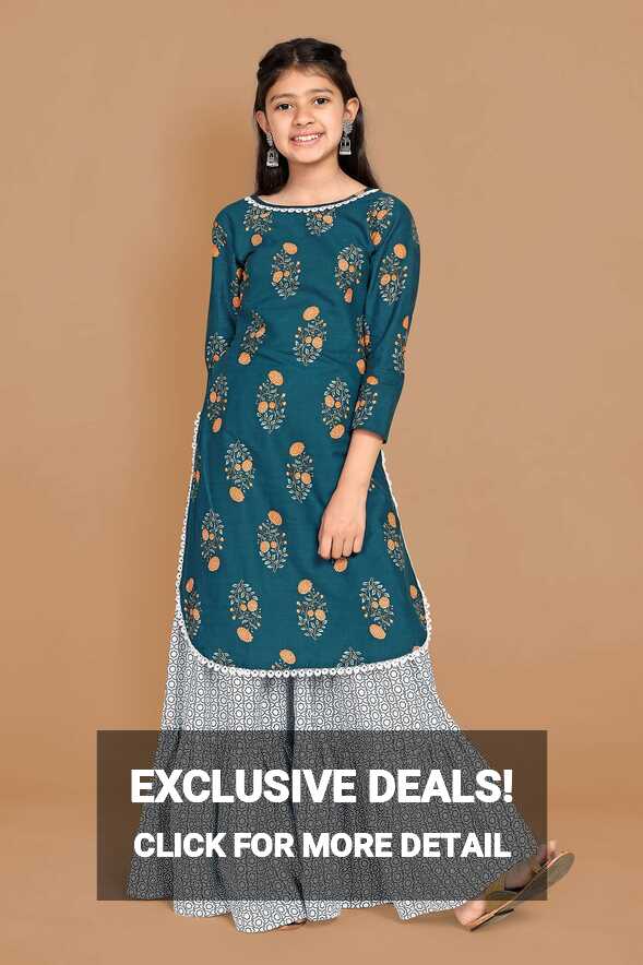 Girls Blue Floral Printed Cotton Kurta With Sharara Set